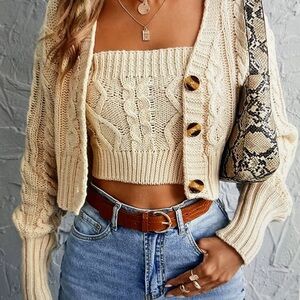 two piece cable  knit, button-down cardigan sweater, and tube top ....